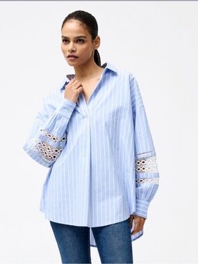 French Connection Blue and White Pinstripe Lace Insert Shirt